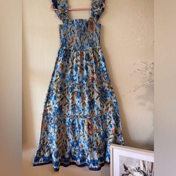 House of Harlow 1960 Zoey Ruched Flutter Sleeves Blue Floral Maxi Dress Size M - Picture 9 of 12